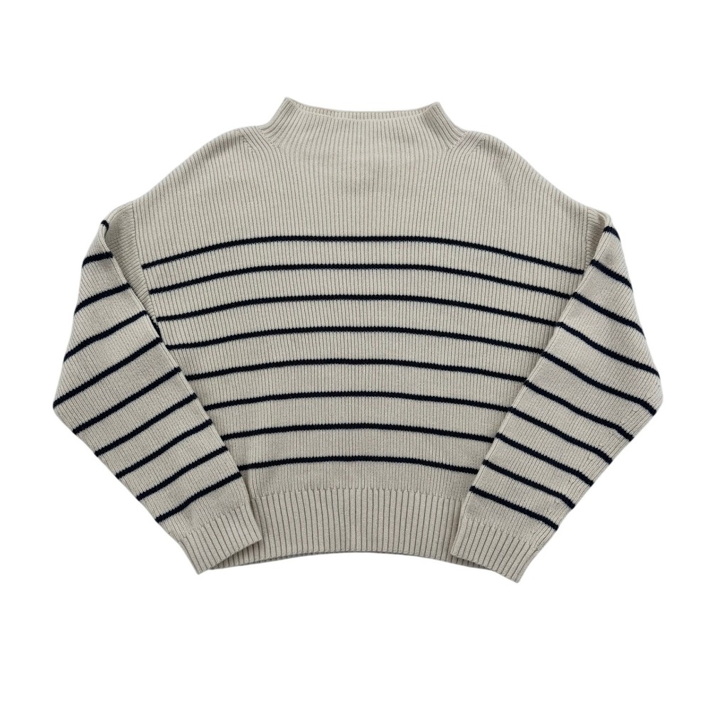 Maeve Anthropologie Sweater Womens Medium Cream Navy Striped Mock Neck Excellent